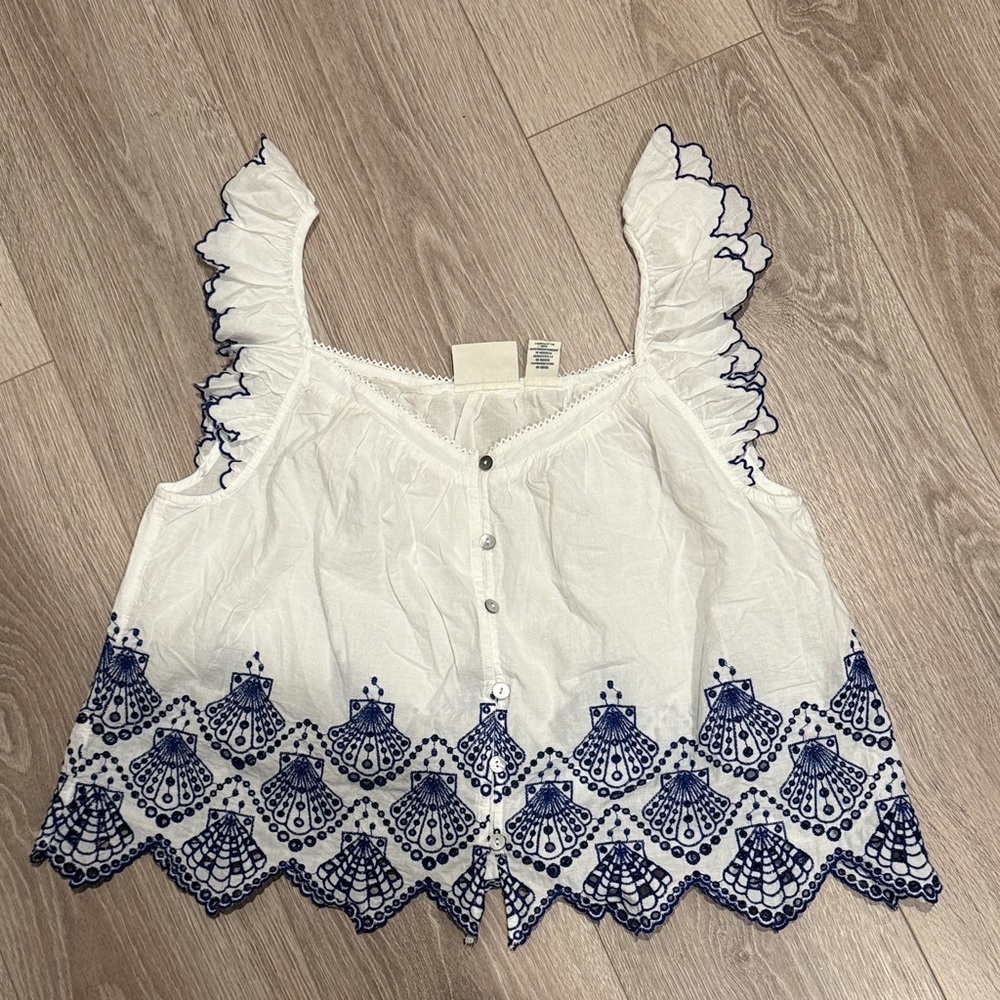 Calypso St Barth White Blue Seashell Embroidered Sleepwear Top Small 100% Cotton